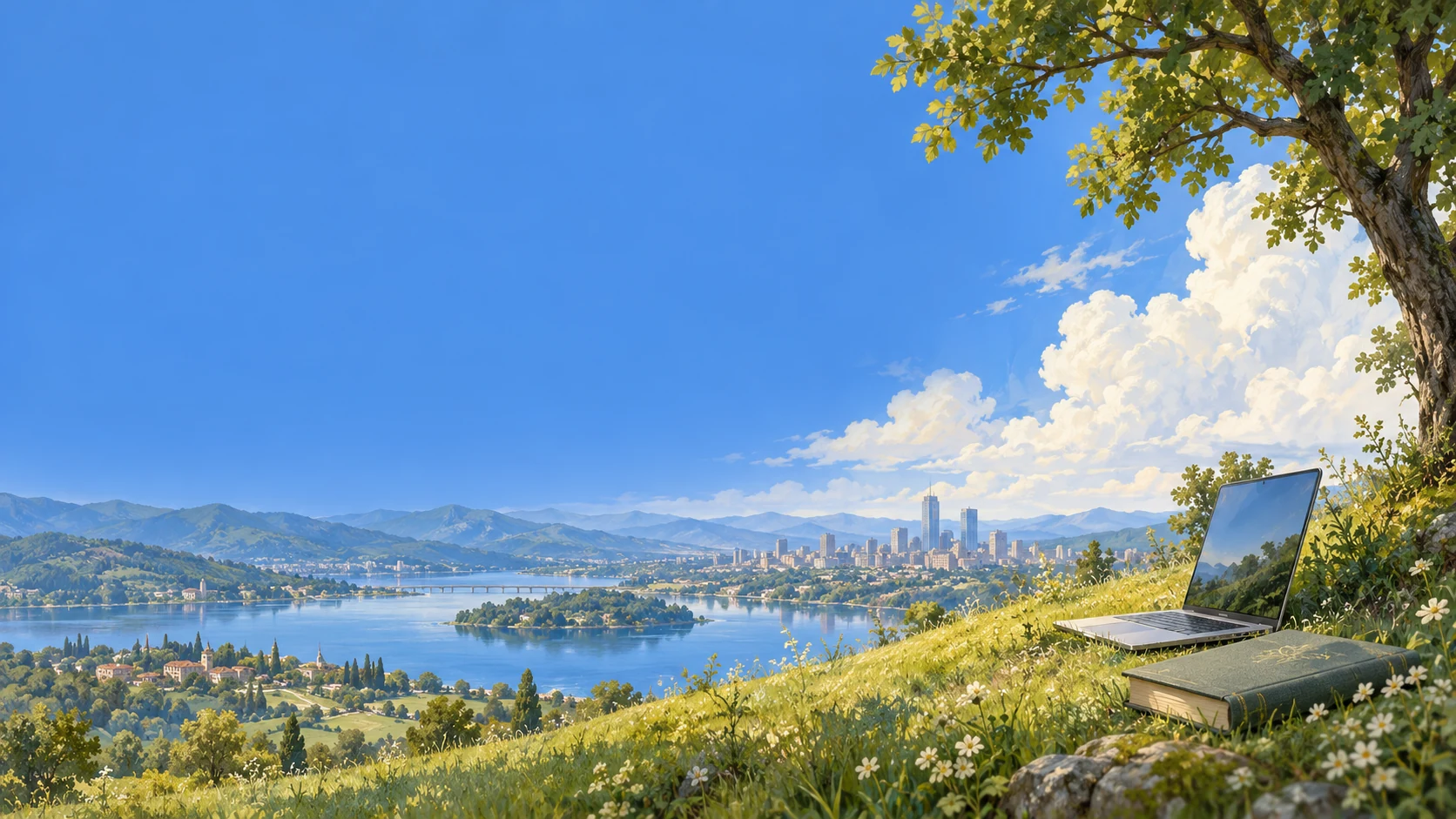Illustrated hillside overlooking a city, with a laptop and book beneath a tree