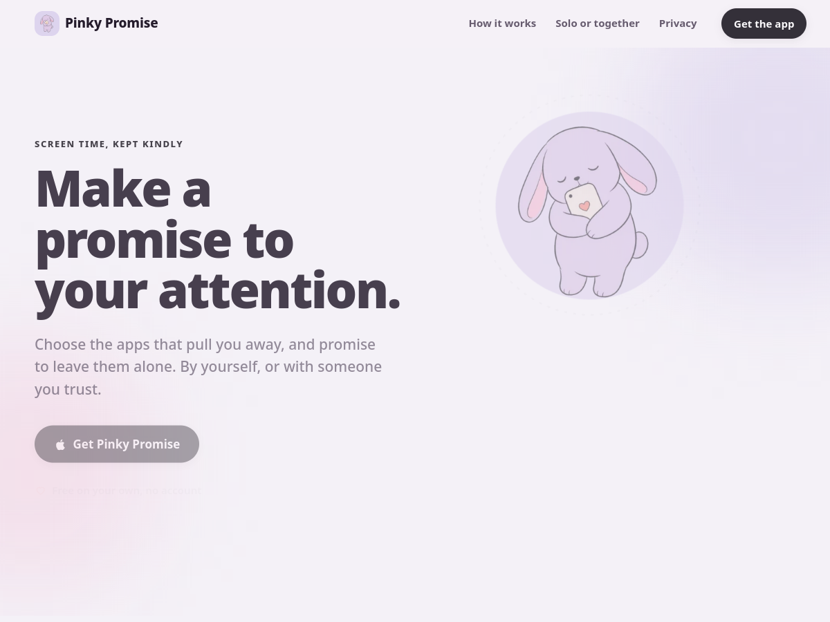 Pinky Promise homepage, introducing a kinder way to keep screen-time promises.